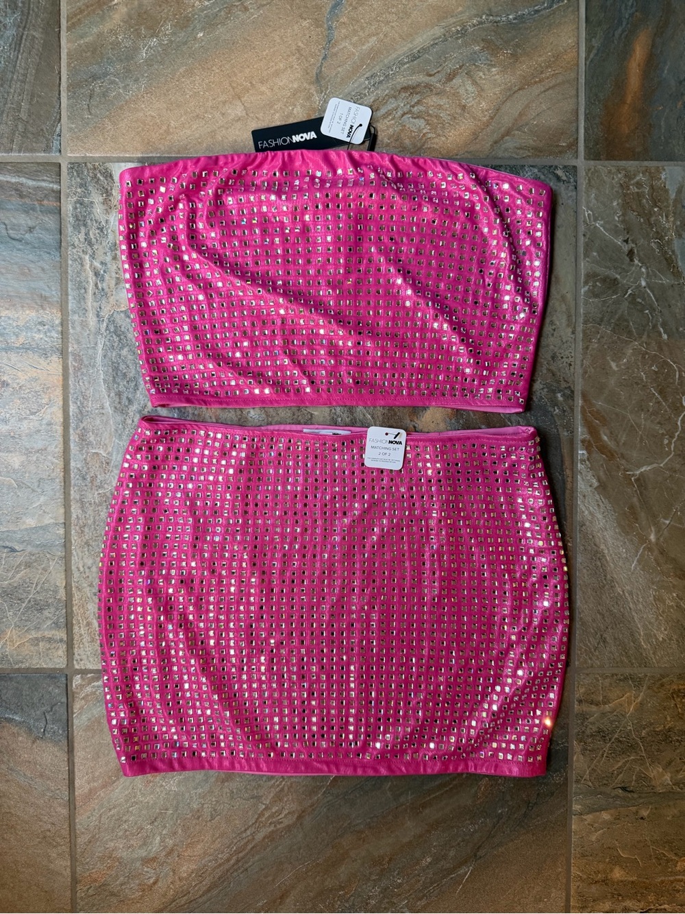 Fashion Nova Feeling Rich Again Rhinestone Skirt Set NWT Size XL Hot Pink Silver